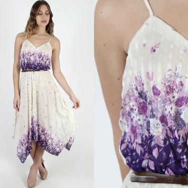 Purple Floral Dress V Neck Ivory Striped Asym Hanky Hem Sheer 1970s Disco Shoulder Ties Party Sun Mini Dress 