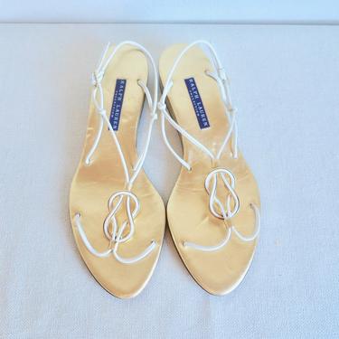 Ralph Lauren Collection Size 8.5 White and Gold Leather Strappy Flat Wedge Sandals Made in Italy Spring Summer Resort Italian Sandals 