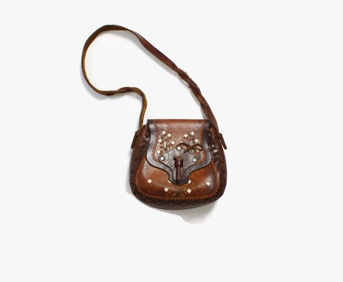 Vintage 1960s Hippie Tooled Leather Purse Boho Saddle Bag Acorns