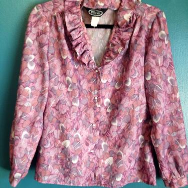 Vintage 70s 80s Romantic Ruffle Collar V Neck Floral Painted Patterned Blouse Top Novelty Button Up Pink Purple Art Nouveau Victorian by InAFeverDream