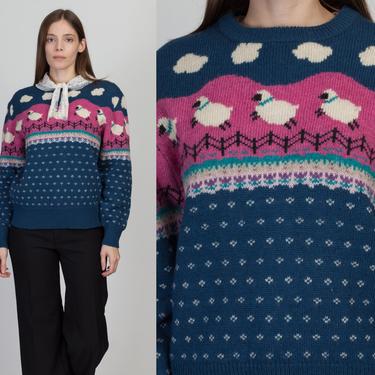 80s Woolrich Novelty Sheep Sweater - Medium to Large | Vintage Women's Blue Wool Knit Pullover Jumper 