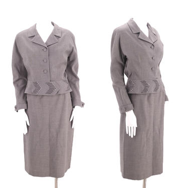 50s gray wool vintage skirt suit sz 8 / early 1950s Nicki Ames slouchy blazer jacket skirt outfit sz M Vertigo 