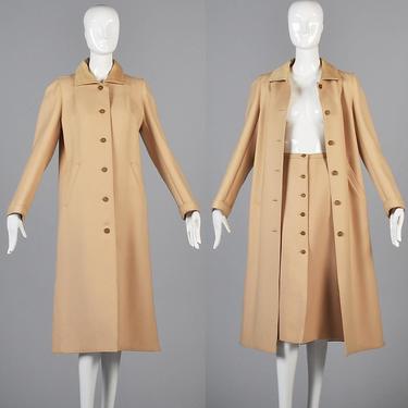 Medium Courreges Designer Separates Set High Waist Skirt Loose Winter Coat Camel Wool Vintage 1970s 70s Space Age 