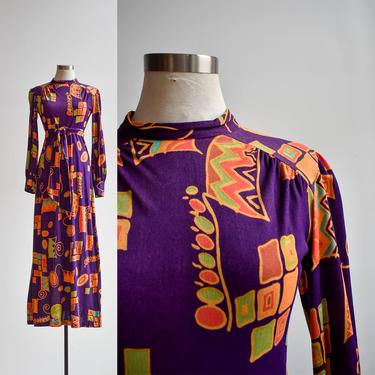 1960s Purple & Orange Abstract Maxi Dress 