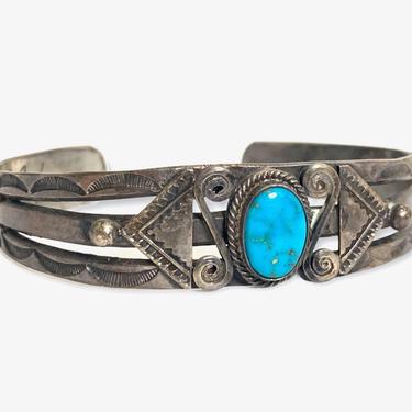 Vintage FRED HARVEY Era Sterling Silver & Turquoise NAVAJO Bracelet / Cuff ~ Squash Blossom ~ Old Pawn ~ Antique ~ Stamped ~ 
