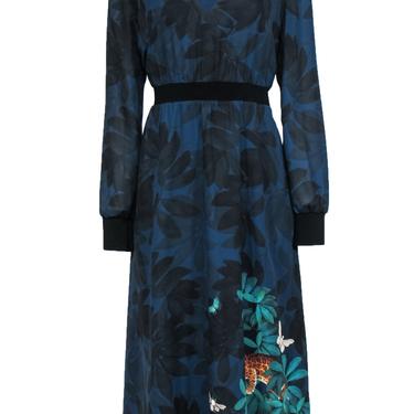 Ted Baker - Navy &amp; Black Floral Print Maxi Dress w/ Leopard Jungle Graphic Sz 12