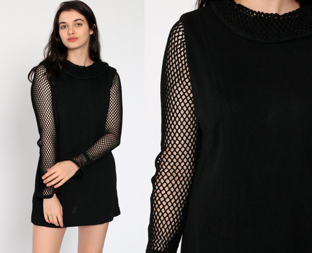 Black Mini Dress Mod Micro Mini MESH SLEEVE Party Cocktail Shop Exile