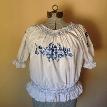 Vintage 60s 70s Hungarian Embroidered Cotton Blouse Floral Penny Lane Almost Famous Smocked Top Shirt Folk Romantic Bohemian Boho by InAFeverDream