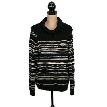 Black & White Striped Sweater Women Large, Cowl Neck Cotton Knit, Fall Winter Clothes, 90s Y2K Vintage Clothing from Chaps 