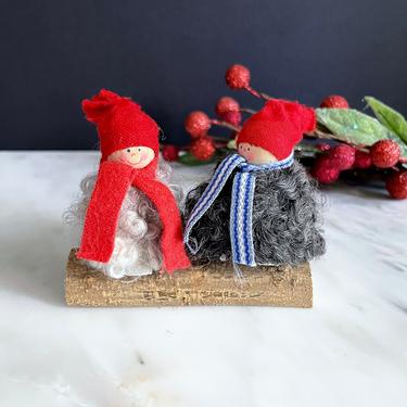 Vintage Swedish Tomte, Christmas Figurine Ornament, Live Edge Log, Ellerberge- Wood, Knit, Handmade, Hand Painted, Scandinavian Folk Art 