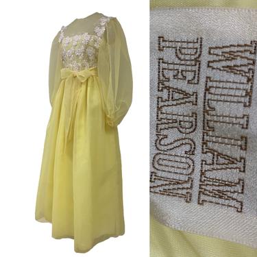 Vtg Vintage 1970s William Pearson Buttercup Yellow Floral Appliqué Formal Gown 