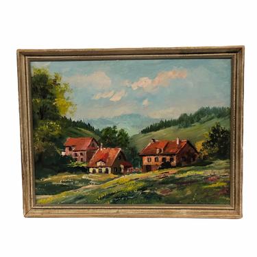 Vintage Mid Century Modern Original Painting House Flower Valley Handmade Retro Mountains Scenic Framed 