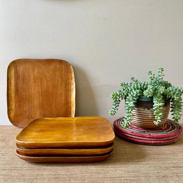 Vintage Wood Plates - Wood Tray - Hand Carved Square Wood Plate - Charcuterie Board - Carved Square Curved Plate 