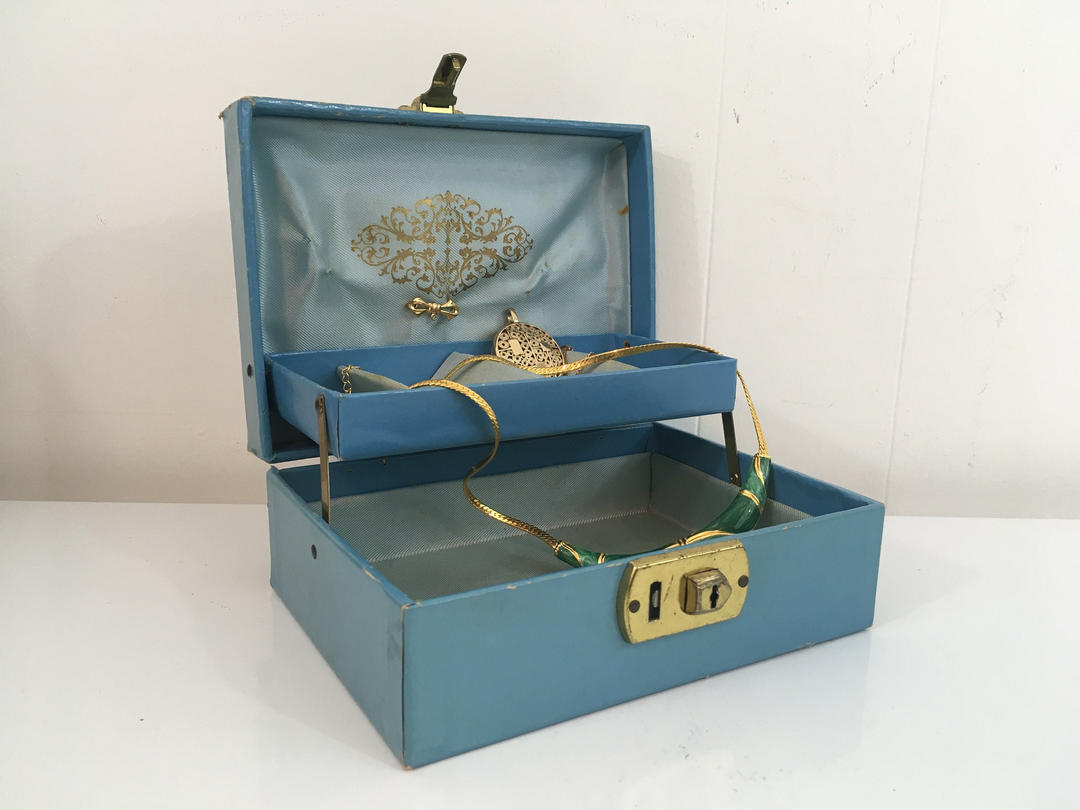 Vintage Blue Jewelry Box Baby Blue Gold Satin Lining Ornate Check