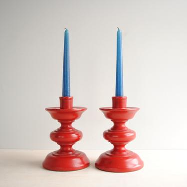 Vintage Turned Wood Candle Holders in Red, Made in Vermont Wooden Candlesticks 