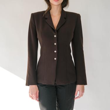 Vintage 90s Vertigo Paris Chocolate Brown Power Shoulder Blazer w/ Silver Snap Buttons | Made in France | 1990s French Designer Power Blazer 