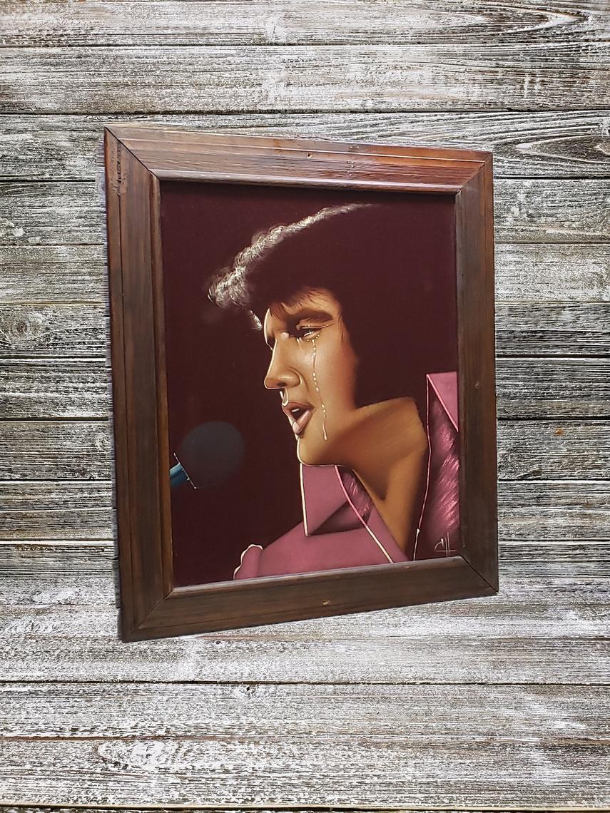 Vintage Velvet Elvis Painting, Vintage Elvis Presley Framed Art, Crying
