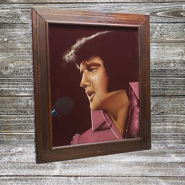 Vintage Velvet Elvis Painting, Vintage Elvis Presley Framed Art, Crying Elvis Black Velvet Painting, The KING,  Vintage Wall Decor 