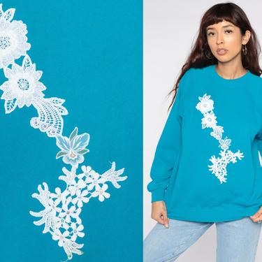 Floral Sweatshirt 80s Lace Applique Blue Shirt Vintage Beaded RAGLAN Sleeve Sweater Kawaii Graphic 1980s Slouchy Hanes Medium 