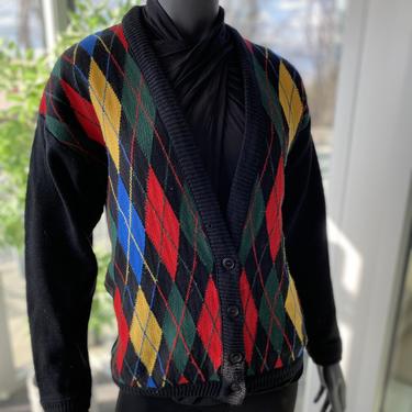 Vintage Women's Pendleton Virgin Wool V-Neck Argyle Cardigan Sweater 1980s Colorful Retro Grandpa Style 