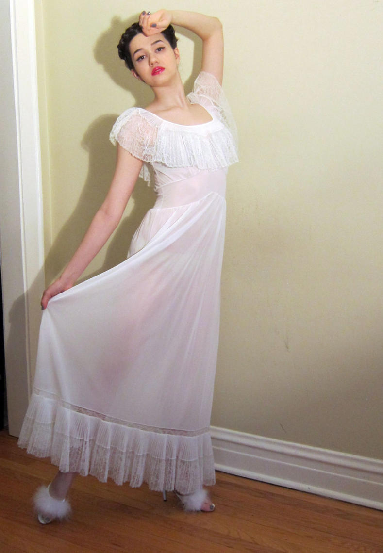 Vintage 1940s Nightgown / 40s Nightgown / White Sheer Slip Dress
