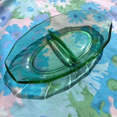 Vintage Green Glass Tray Bowl, Split Sectioned Tray Bowl for Relish/Candy, Scalloped Edges 1970s Style 