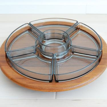 Danish Modern Digsmed Teak and Glass Lazy Susan Serving Tray Medium Made in Denmark 
