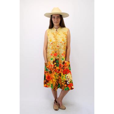 Glenda Dress // vintage mod 60s yellow boho midi floral sun hippie hippy 1960s 70s // S/M 