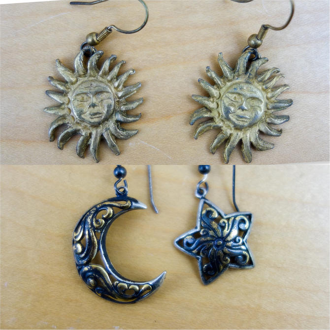 2 Pair Vintage Sun Moon Star Celestial Dangle Earrings In Gold Silver Charm Jewelry Gift For Astrology Lover Hippie Style Lot Mismatch Set By Forestfathers From Forest Fathers Of Portand Or