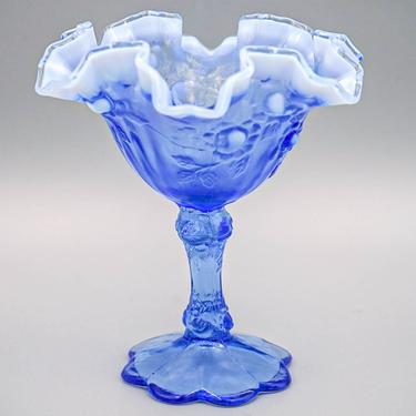 Fenton Blue Opalescent Cabbage Rose Ruffled Compote | Vintage Art Glass Comport 