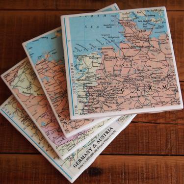 1993 Germany &amp; Austria Vintage Map Coasters Set of 4. European travel decor. Germany gift. Austria gift. Vintage Europe map. Berlin city map 