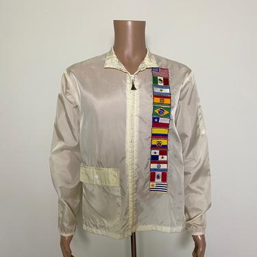 Vintage 1960s Nylon Jacket 60s Windbreaker with Flag Patches 