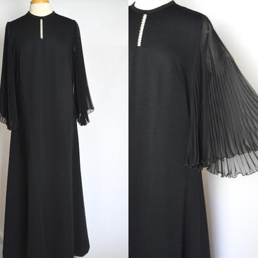 Vintage 1960s Sheer Accordion Angel Sleeve Black Maxi Dress, Rhinestone Neckline, 60s Mod Dress, Size L/XL by Mo