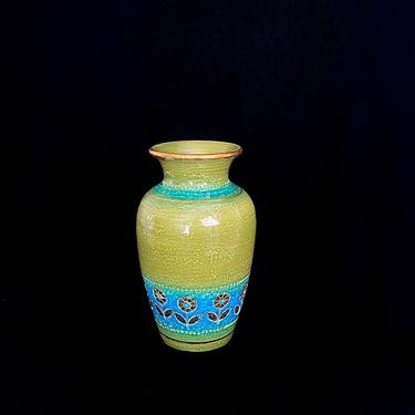 Vintage Mid Century Modern Bitossi Italian Art Pottery Vase Aldo Londi 1960s Italy Green, Blue, Gold Glazes with Flowers Design 