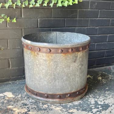 Vintage Galvanized Faux Riveted Bucket Planter Mid-Century Victorian Revival Vessel 