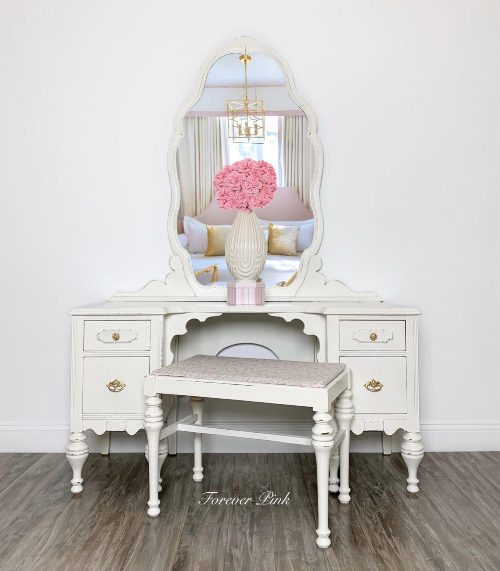 White Antique Vanity with Mirror and Bench Forever Pink Glen Mills, PA