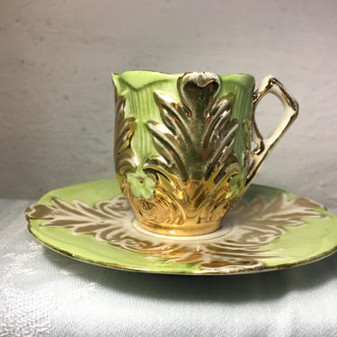 Vintage Demitasse Tea Cup and Saucer (Made in Japan) Green &amp; Gold Leaf Lustreware Finish 