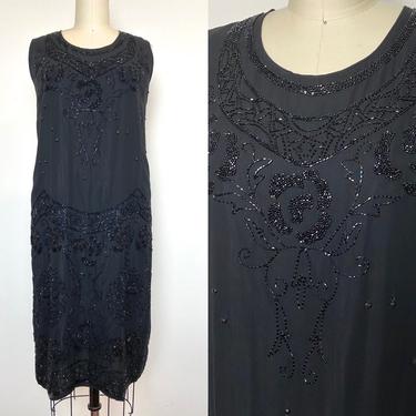 Antique 1920s Beaded Dress 20s Black Evening Flapper Formal Holiday 