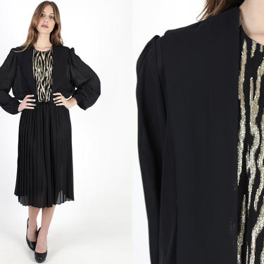 Black Animal Print Dress Vintage 80s Gold Metallic Dress Leopard Striped Thin Sheer Puff Sleeves Pleated Flowy Midi Mini Dress 