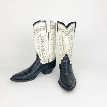 Vintage 1970s Black & White Two Tone Justin Boots, Vintage Reptile Skin, Line Stitching, Western Southwestern, Size Women's 6.5B by Mo