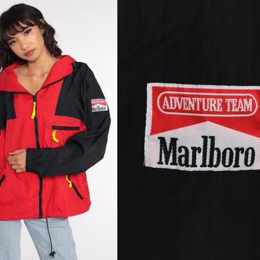 Marlboro Windbreaker Jacket 90s HOODIE Jacket Adventure Team Nylon Hooded Jacket Hood 1990s Red Black Vintage Large 