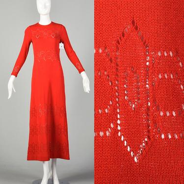 Small 1970s Dress Pat Sandler Red Knit Maxi Long Sleeve Sheer Decorative Details Knit Boho Bohemian 