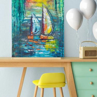 Sailboats Coastal Nautical Canvas Wall Art Print ~ Beach House Art Decor ~ Abstract Sailboat ~ Boathouse Prints ~ Giclée Sailboat Prints 