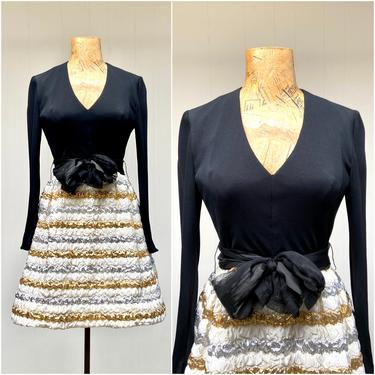 1960s Mod Party Dress, Black Silk Jersey Bodice Striped Metallic Pouf Mini Skirt, Saks Fifth Avenue, Small 34&amp;quot; Bust 