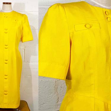 Vintage Yellow Dress Mod Sunshine Silk Shift Sheath Anne Crimmins For Umi Collections 100% Silk 1980s 80s Shirtdress Costume Medium Large 