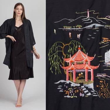 Vintage 70s Black Embroidered Chinese Robe - Extra Large | Boho Open Wrap Kimono Jacket 