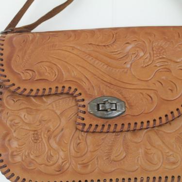 Terlingua - 1970s Camel or Tan Tooled Leather Handbag 