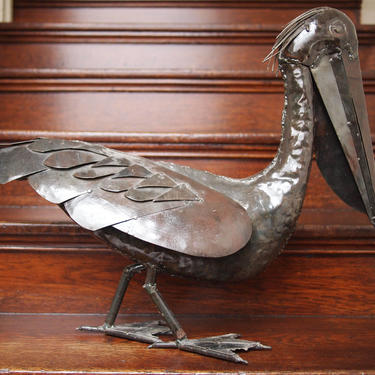 Vintage Welded METAL PELICAN SCULPTURE Bird 28&amp;quot;, brutalist outsider folk art brut primitive, mid-century modern curtis jere yard lawn garden 