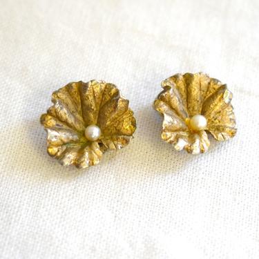 1950s Sterling Silver Leaf and Faux Pearl Clip Earrings 