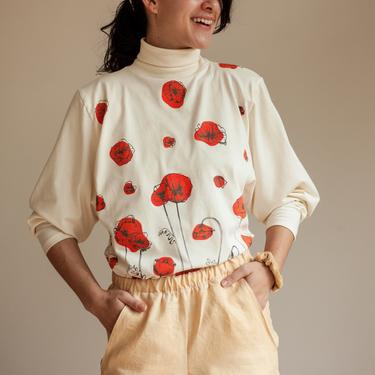 Organic Turtleneck, Long Sleeve Unisex Shirt, Mens & Womens Pullover, Cotton Clothing, Poppy Print, Floral Shirt, Oversized Sleeve Shirt 